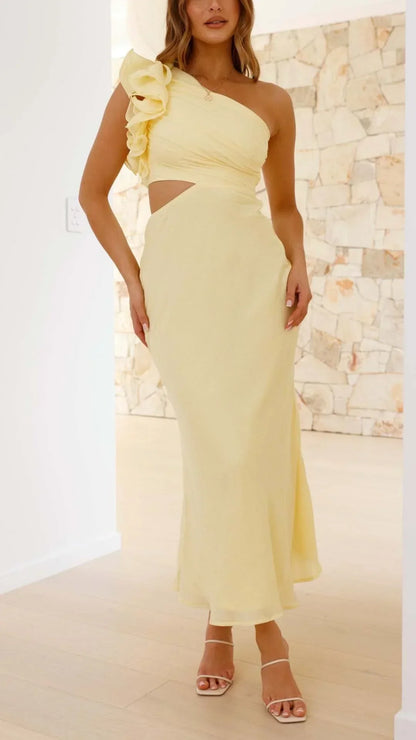 Vestido largo mujer asimétrico amarillo para noches elegantes