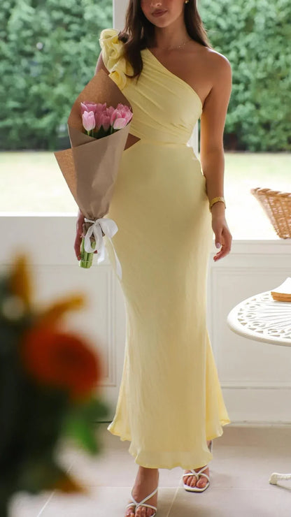Vestido largo mujer asimétrico amarillo para noches elegantes