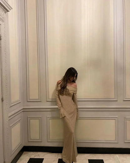 Vestido largo mujer con lentejuelas y Hombros descubiertos para fiesta