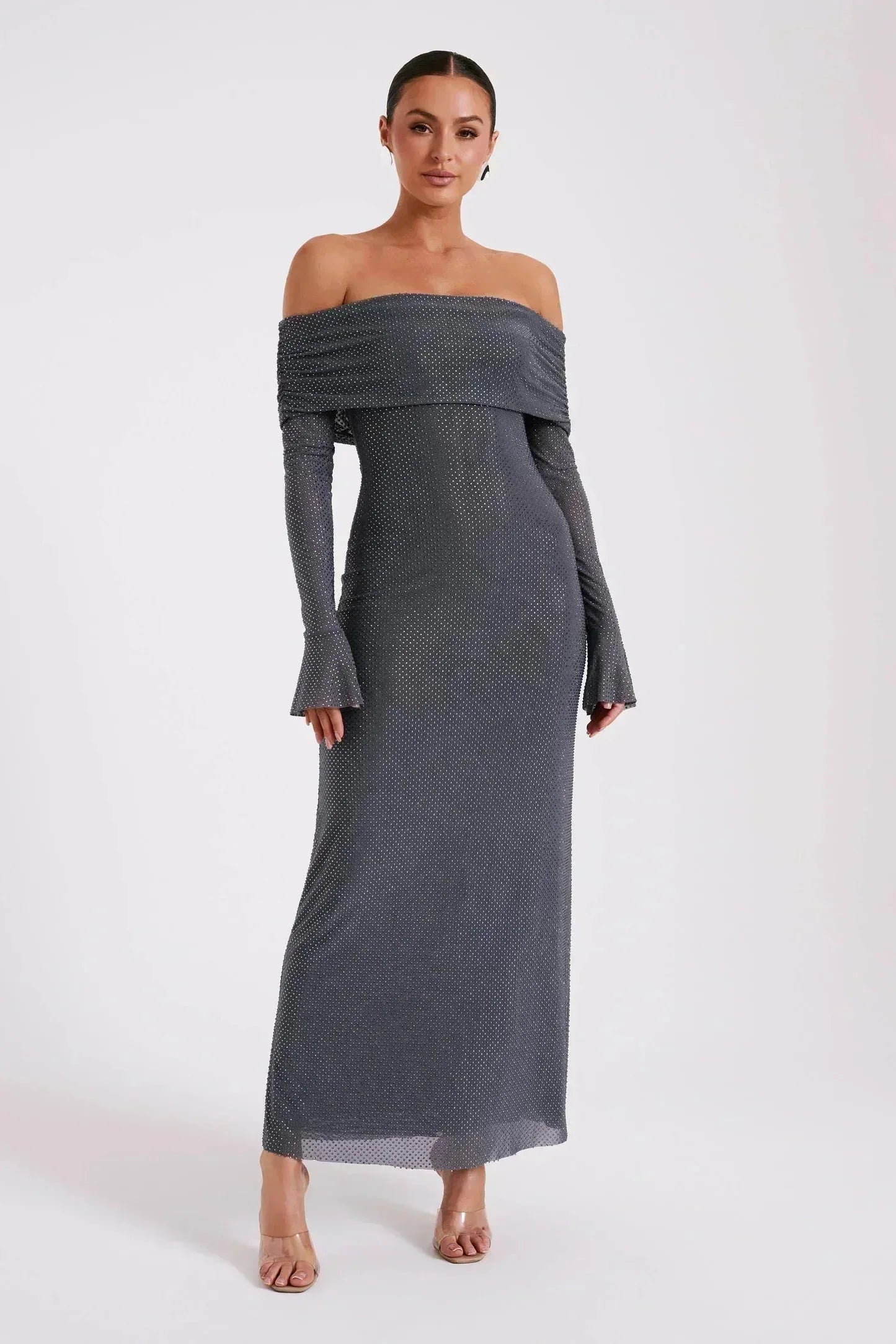 Vestido largo mujer con lentejuelas y Hombros descubiertos para fiesta