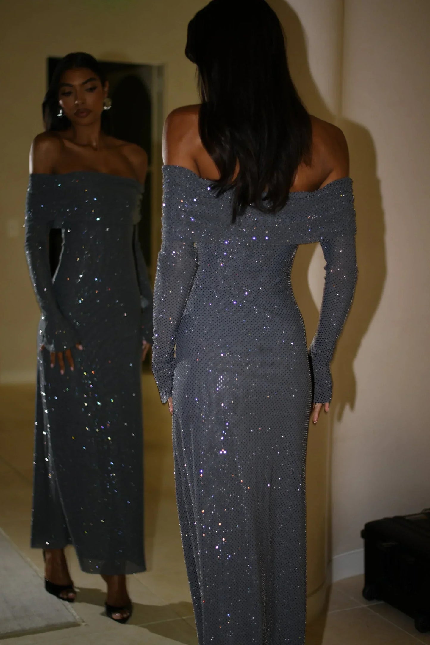 Vestido largo mujer con lentejuelas y Hombros descubiertos para fiesta