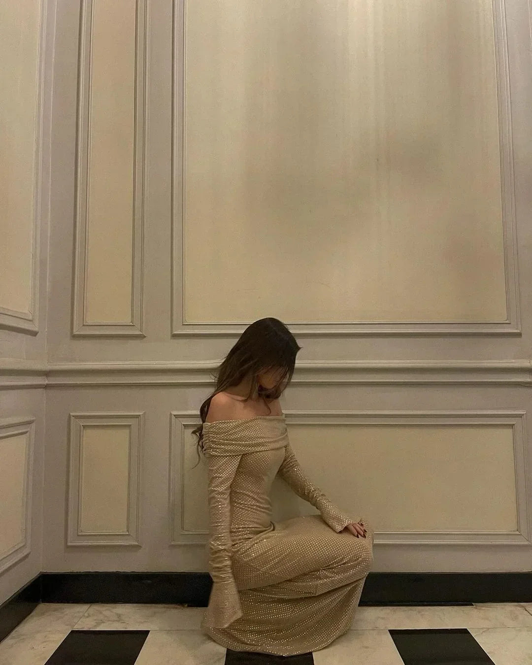 Vestido largo mujer con lentejuelas y Hombros descubiertos para fiesta