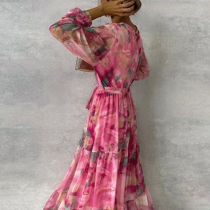 Vestido largo mujer estampado rosa con cinturón y mangas largas