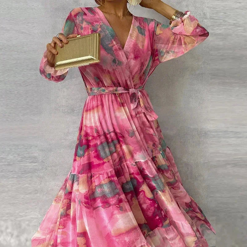 Vestido largo mujer estampado rosa con cinturón y mangas largas