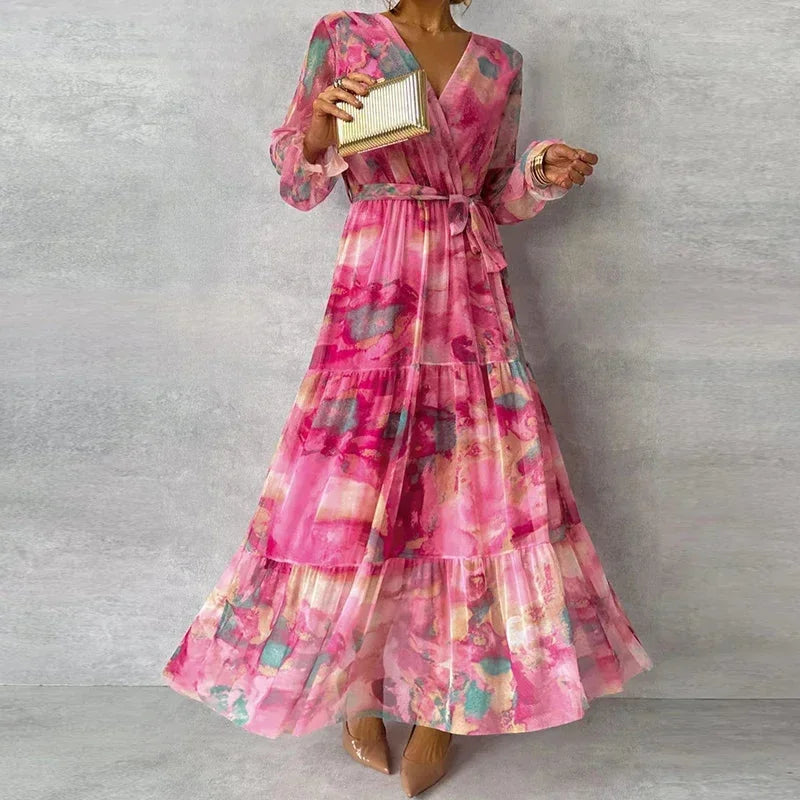 Vestido largo mujer estampado rosa con cinturón y mangas largas