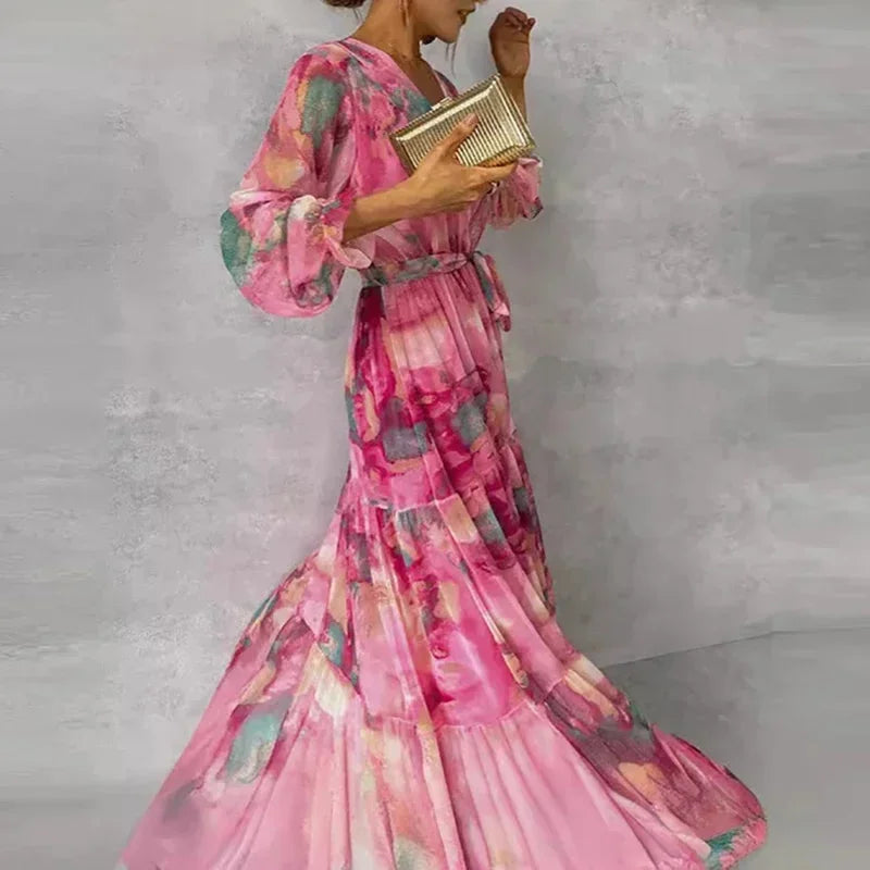 Vestido largo mujer estampado rosa con cinturón y mangas largas