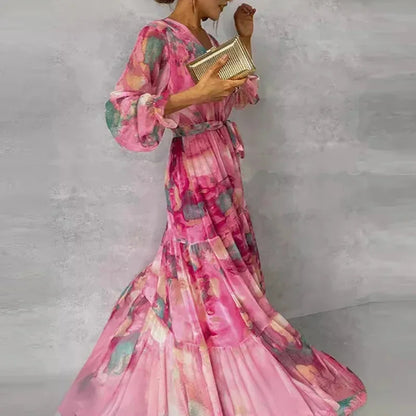 Vestido largo mujer estampado rosa con cinturón y mangas largas