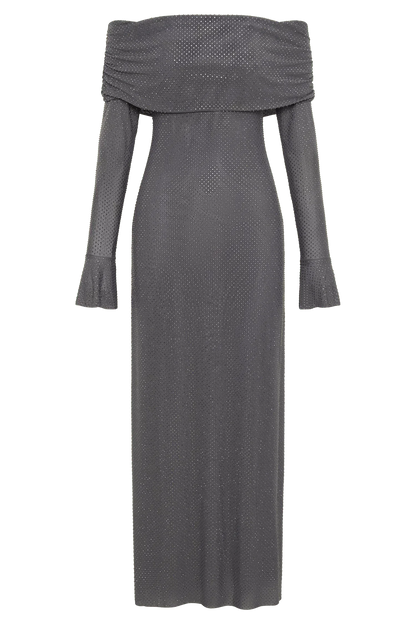 Vestido largo brillante mangas largas Hombros descubiertos