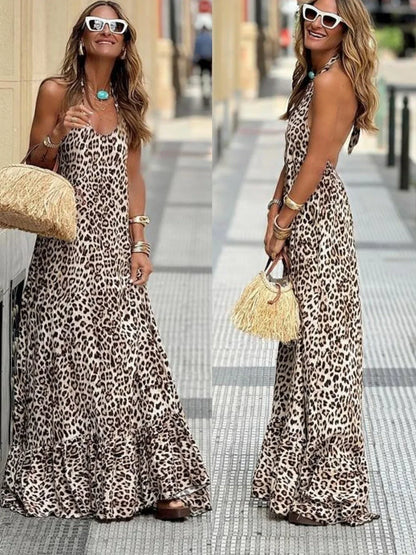 Vestido largo de mujer de leopardo sin mangas con volantes