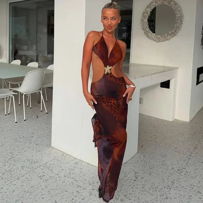 Vestido largo de mujer con estampado de leopardo y aberturas para fiesta