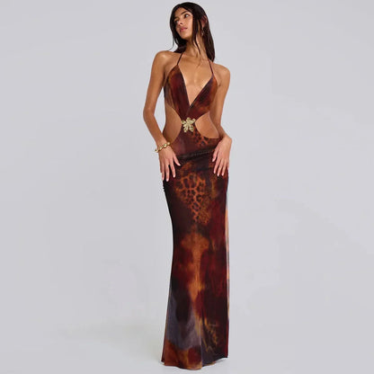 Vestido largo de mujer con estampado de leopardo y aberturas para fiesta
