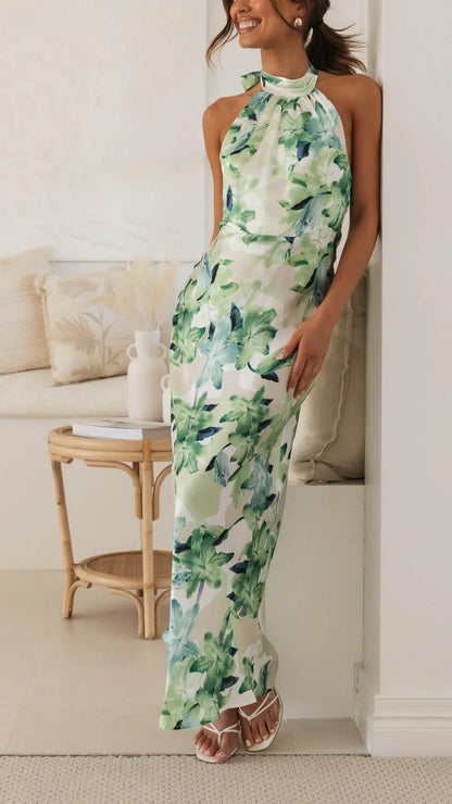 Vestido largo mujer espalda descubierta con cuello alto floral