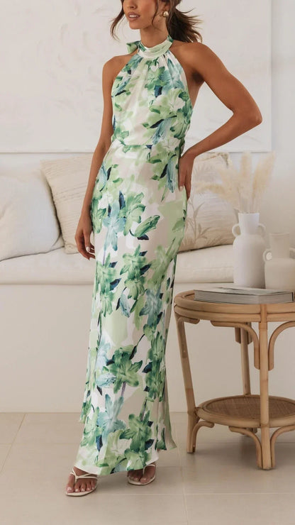 Vestido largo mujer espalda descubierta con cuello alto floral