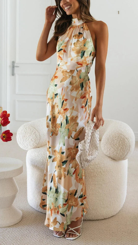 Vestido largo mujer espalda descubierta con cuello alto floral