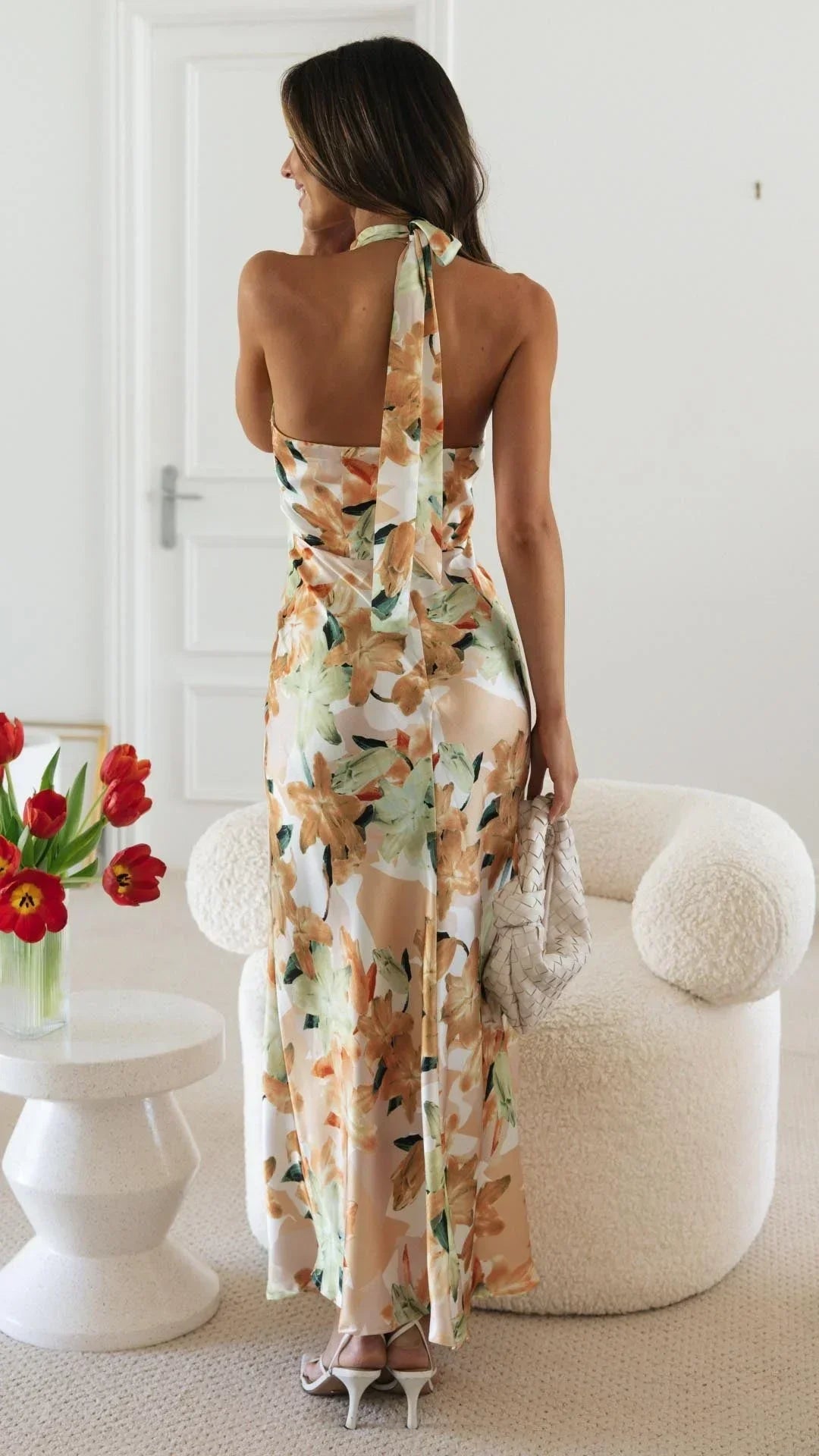 Vestido largo mujer espalda descubierta con cuello alto floral