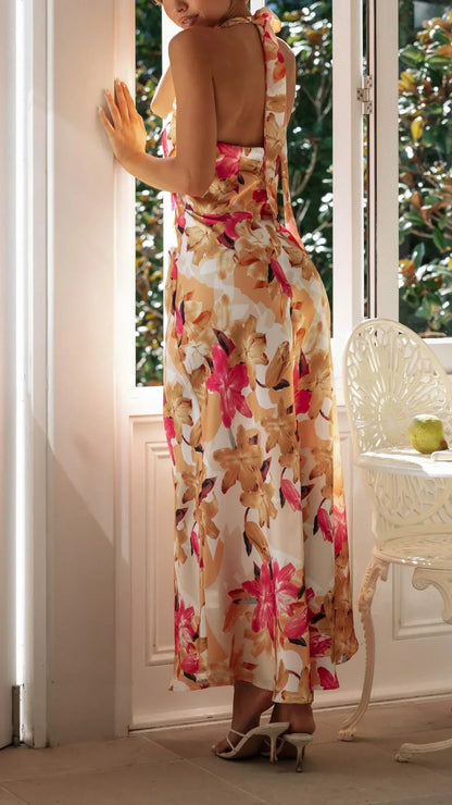 Vestido largo mujer espalda descubierta con cuello alto floral