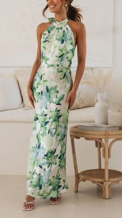 Vestido largo mujer espalda descubierta con cuello alto floral