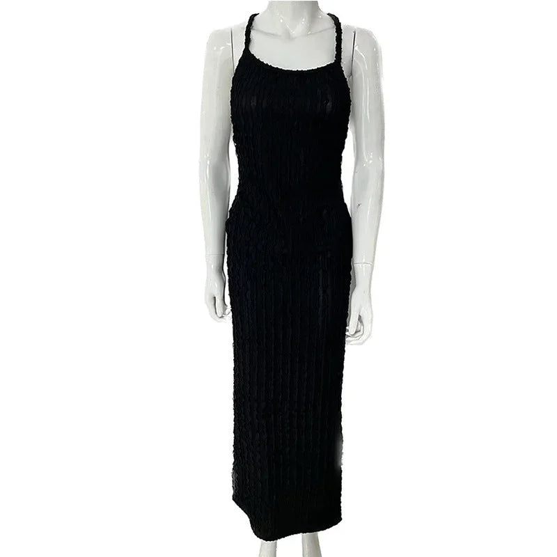 Vestido largo ajustado mujer espalda descubierta fiesta con strass
