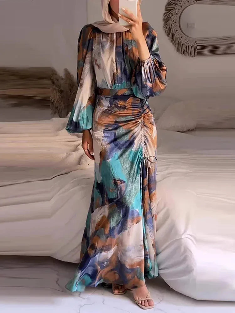 Vestido largo de mujer estampado multicolor con mangas largas