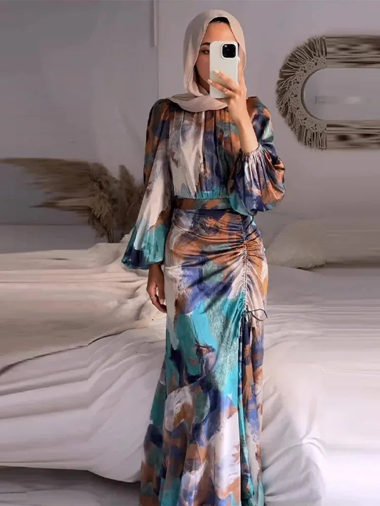Vestido largo de mujer estampado multicolor con mangas largas