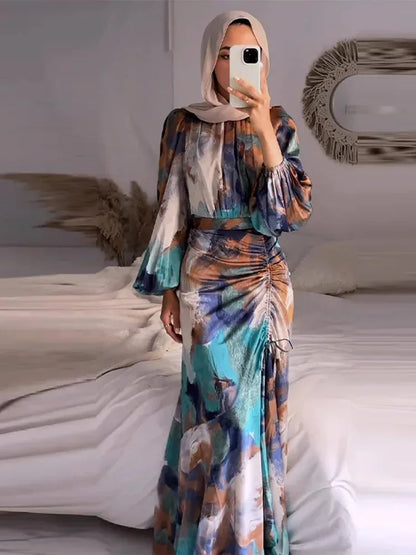 Vestido largo de mujer estampado multicolor con mangas largas