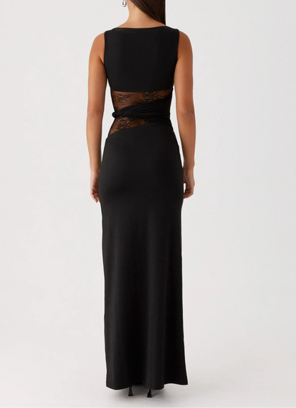 Vestido largo negro con encaje y recortes