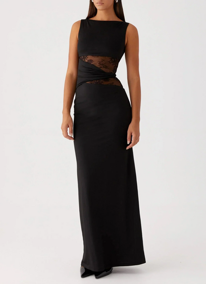 Vestido largo negro con encaje y recortes