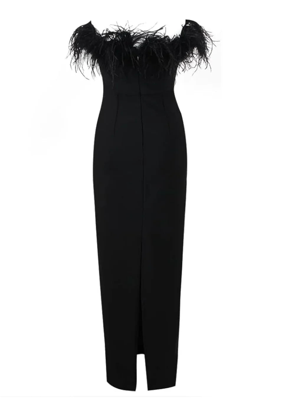 Vestido largo negro sin tirantes con detalle de plumas