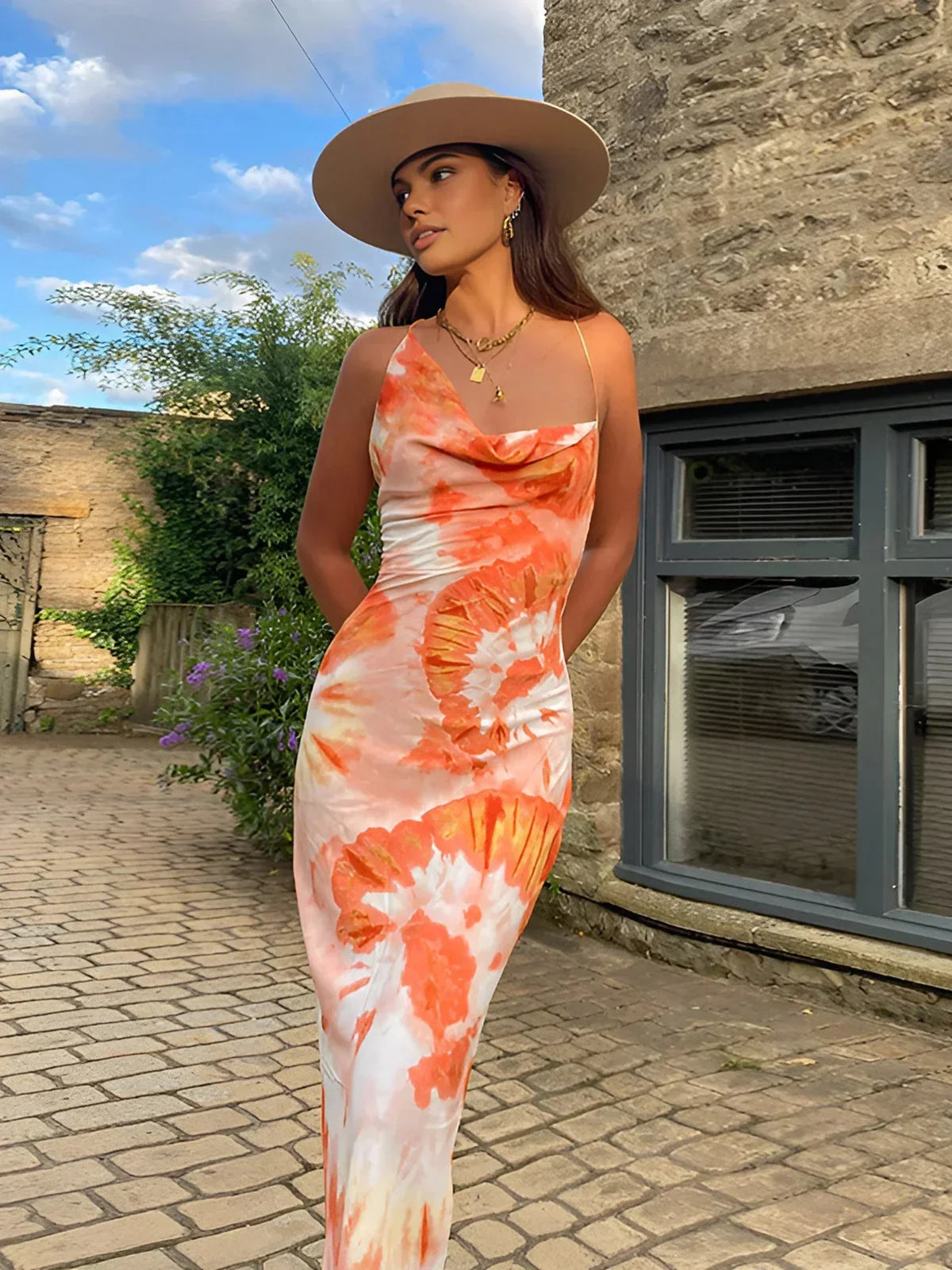 Vestido largo mujer naranja estampado sin mangas con cuello drapeado