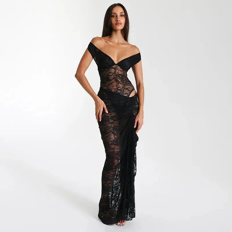 Vestido largo mujer Hombros descubiertos encaje con abertura