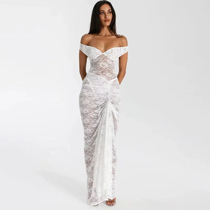 Vestido largo mujer Hombros descubiertos encaje con abertura