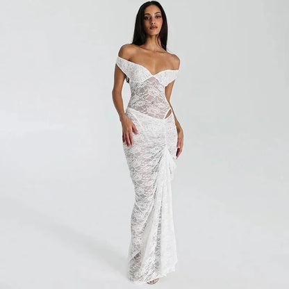Vestido largo mujer Hombros descubiertos encaje con abertura
