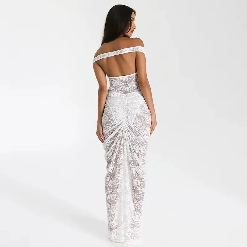 Vestido largo mujer Hombros descubiertos encaje con abertura