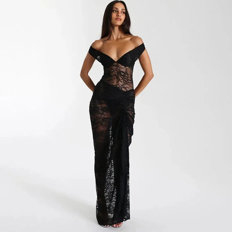 Vestido largo mujer Hombros descubiertos encaje con abertura