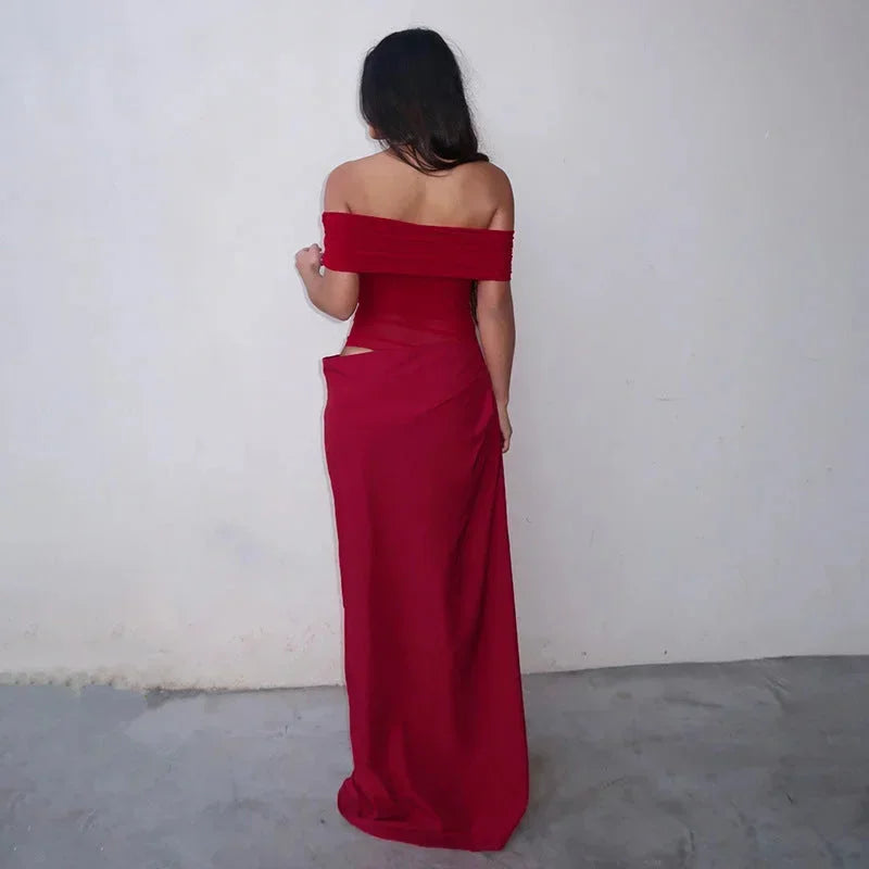 Vestido largo de mujer fluido con Hombros descubiertos y aberturas