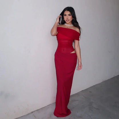 Vestido largo de mujer fluido con Hombros descubiertos y aberturas