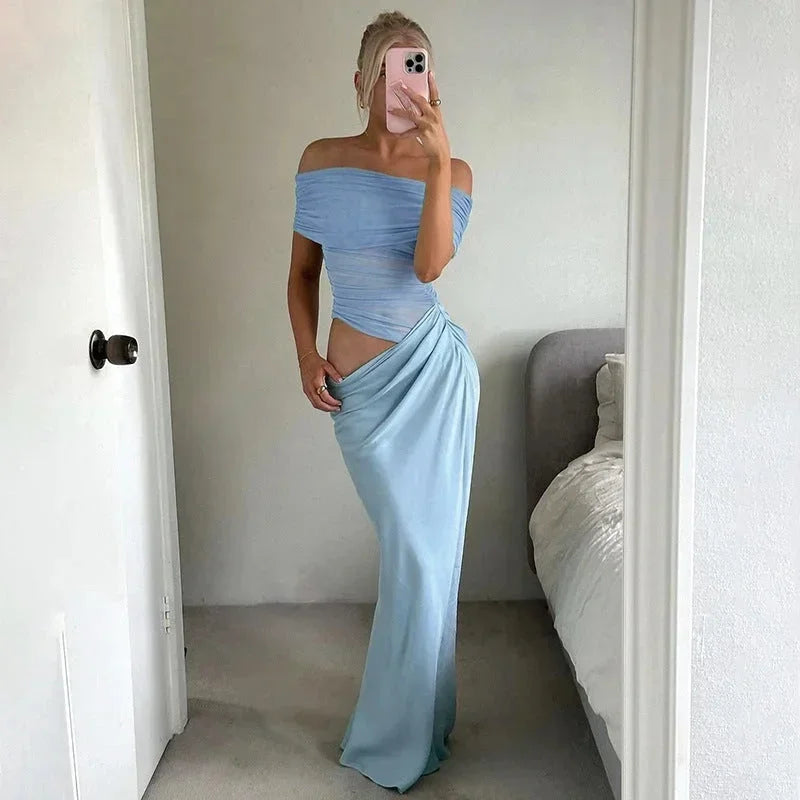 Vestido largo de mujer fluido con Hombros descubiertos y aberturas