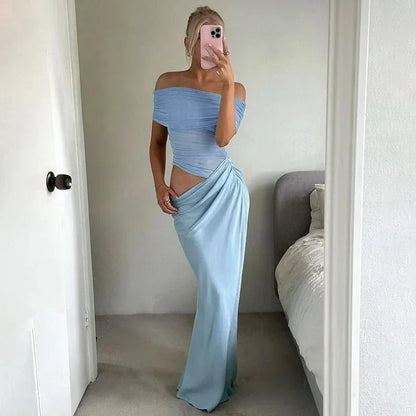 Vestido largo de mujer fluido con Hombros descubiertos y aberturas