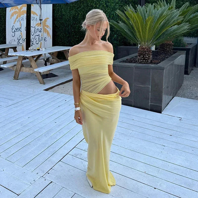 Vestido largo de mujer fluido con Hombros descubiertos y aberturas