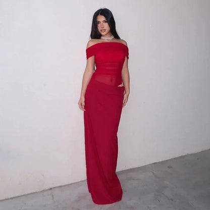 Vestido largo de mujer fluido con Hombros descubiertos y aberturas