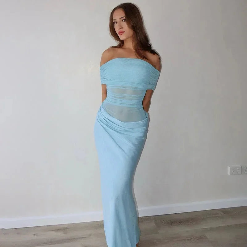 Vestido largo de mujer fluido con Hombros descubiertos y aberturas