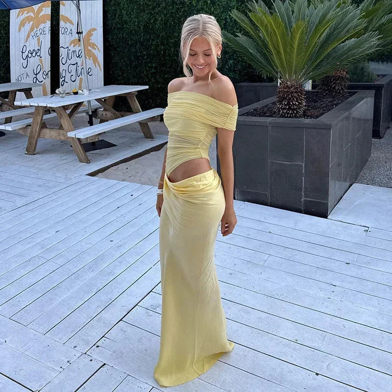 Vestido largo de mujer fluido con Hombros descubiertos y aberturas