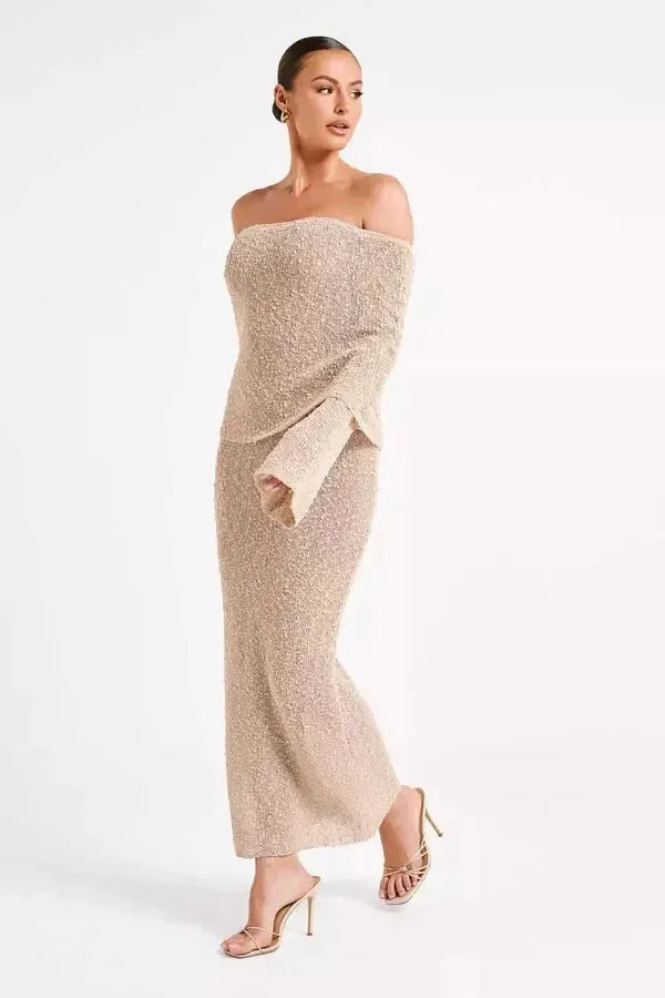 Vestido largo mujer Hombros descubiertos texturizado de fiesta