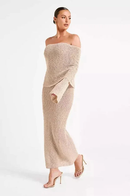 Vestido largo mujer Hombros descubiertos texturizado de fiesta