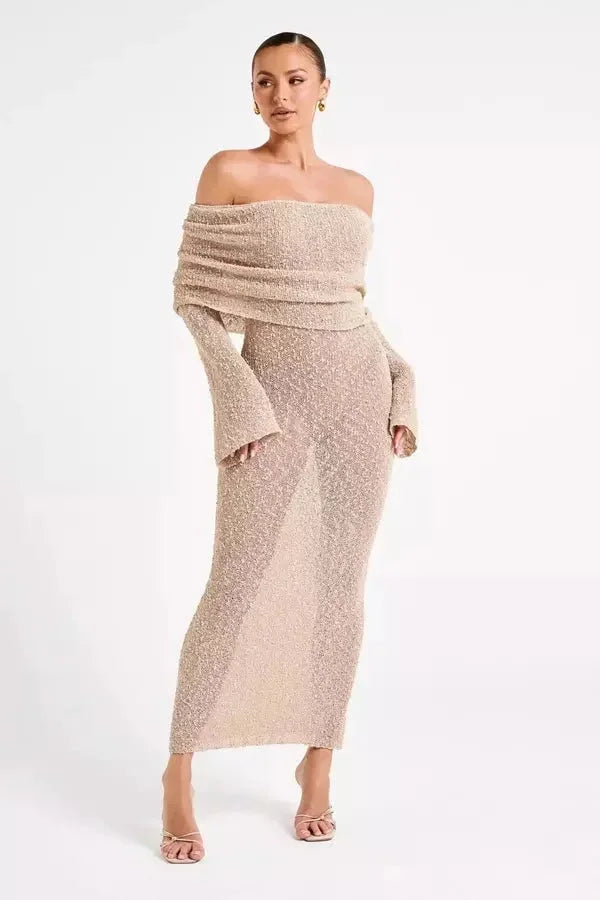 Vestido largo mujer Hombros descubiertos texturizado de fiesta