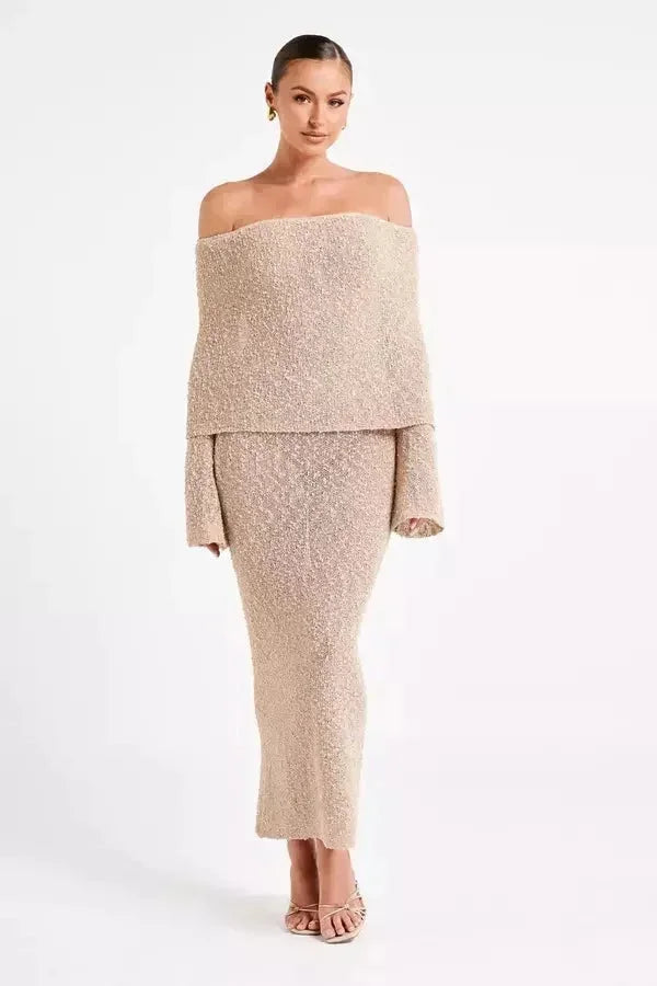 Vestido largo mujer Hombros descubiertos texturizado de fiesta