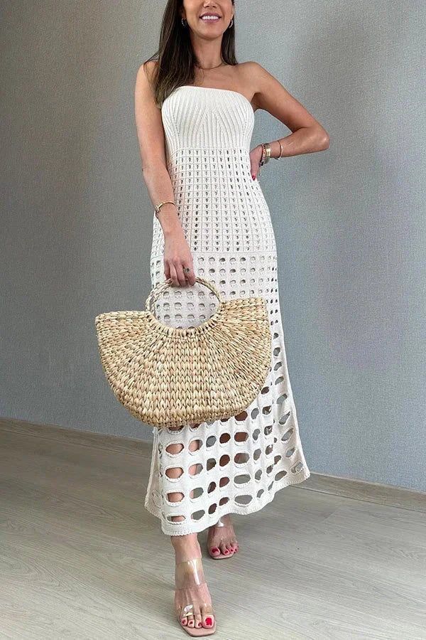 Vestido largo de mujer de punto calado con Hombros descubiertos