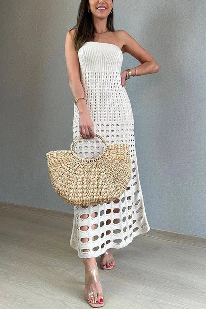 Vestido largo de mujer de punto calado con Hombros descubiertos