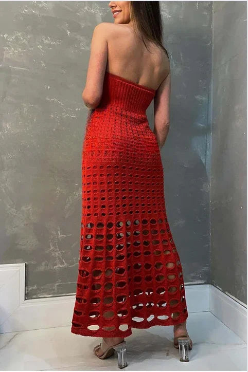 Vestido largo de mujer de punto calado con Hombros descubiertos
