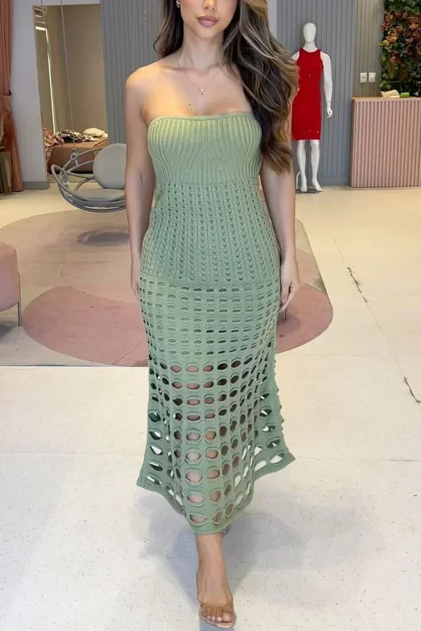 Vestido largo de mujer de punto calado con Hombros descubiertos